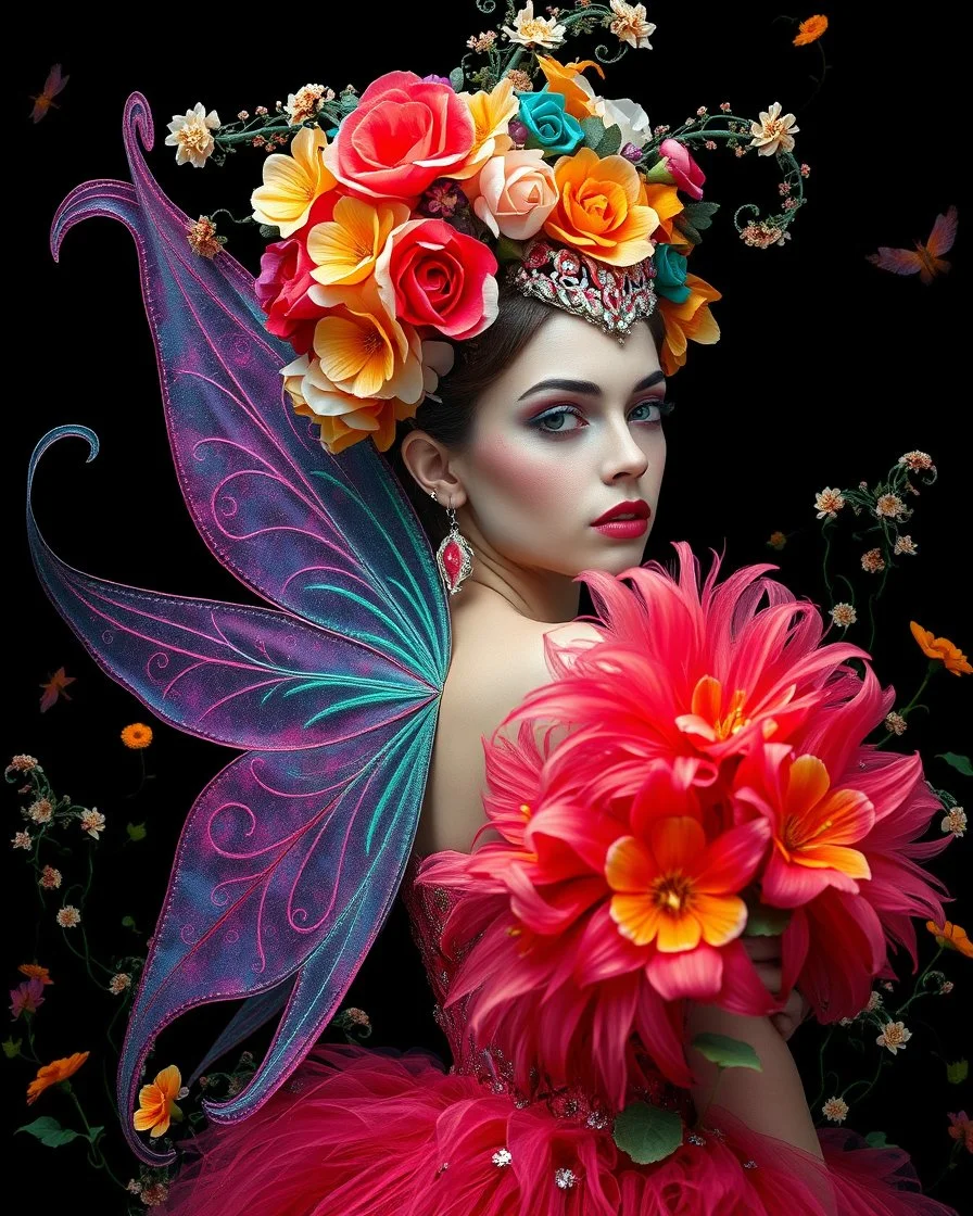 Realistic Photography Beautiful Fairytale, a stunning women adorned in vibrant carnival attire, ethereal beauty, black background, with swirling colors and fantastical tiny flowers, enchantment and grace, twisted vines, whimsical, surreal landscapes, emotive style, dreamlike quality, and magical realism, carnival red, ethereal pink, whimsical blue, vibrant green, celestial purple, golden amber, and shimmering silver