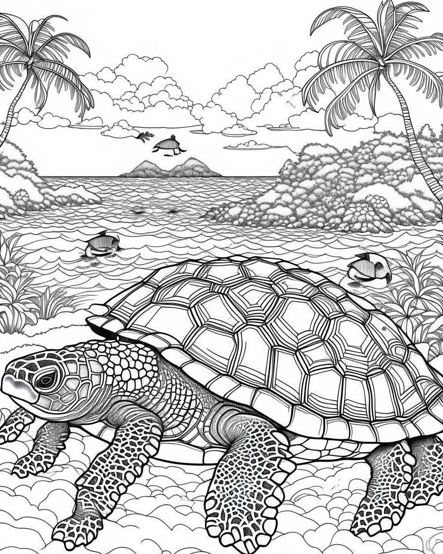 coloring pages for kids, Pacific island shaped Japanese ink painting, paradise, sea turtles , Art drawing .super detailed, low detail, coloring pages for kids, no shading, --ar 85:110