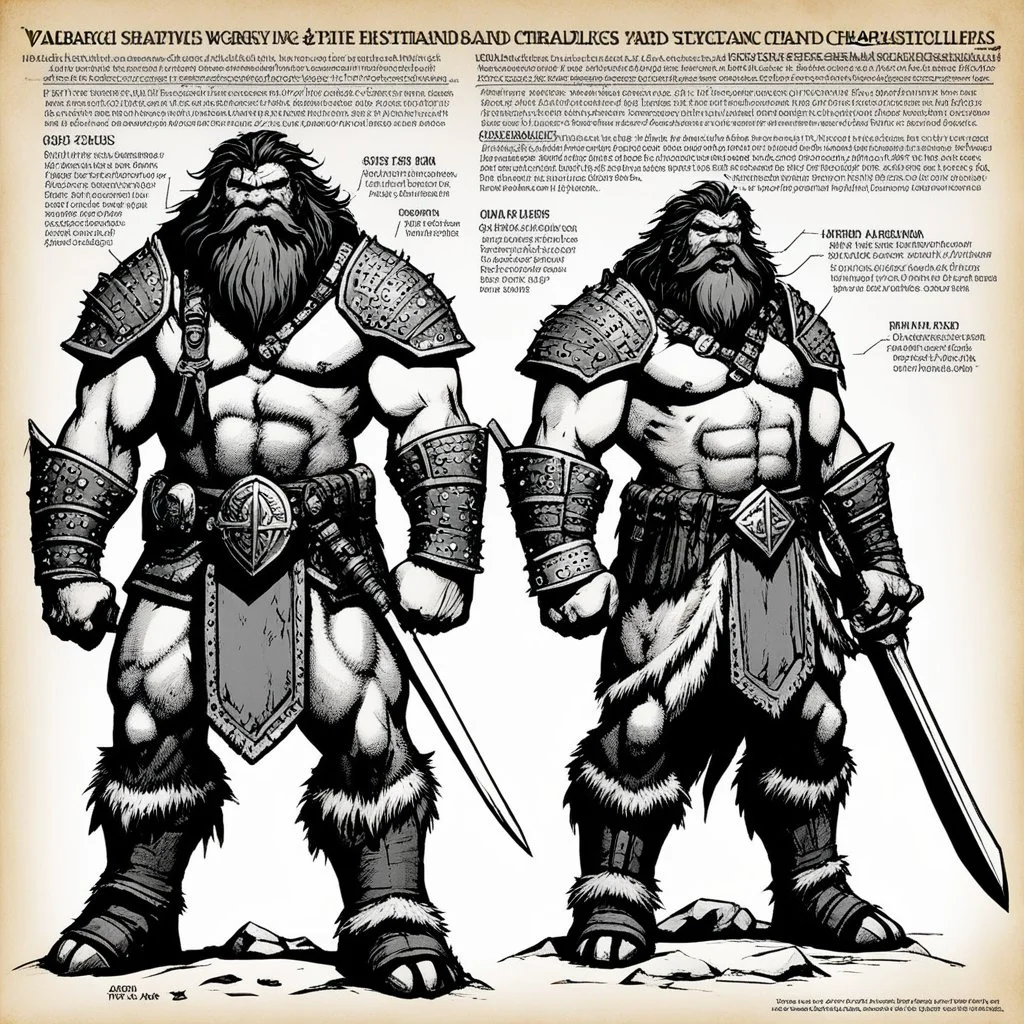 character concept sheet with AD&D statistics and characteristics, [photo by Kevin Eastman and Peter Laird] Walrus Barbarian Warrior from the Ice Wasteland Epic