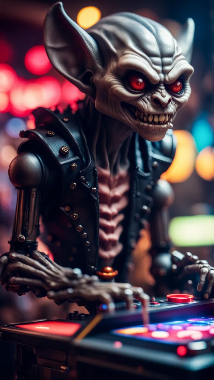 portrait of a vampire werewolf robot goblin gremlin with mustage playing an arcade game, in the style of Giger,bokeh like f/0.8, tilt-shift lens 8k, high detail, smooth render, down-light, unreal engine, prize winning