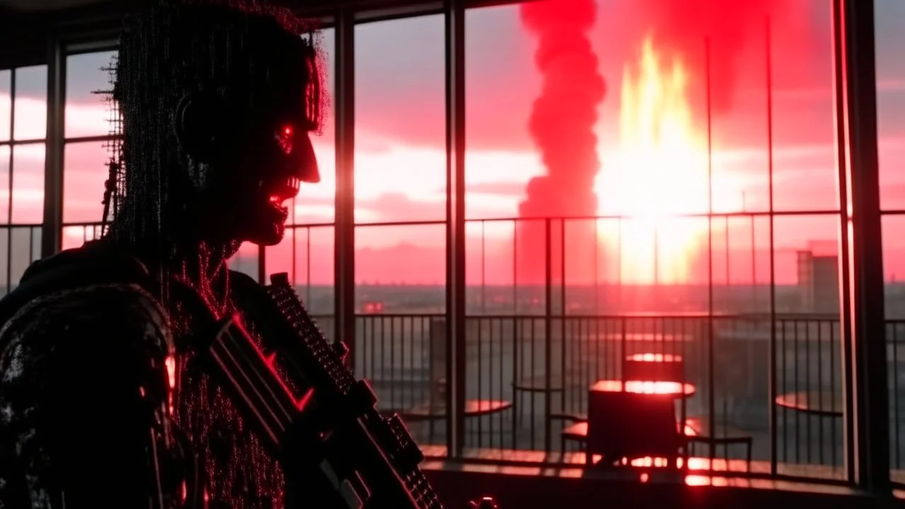 4K, ultra detail, ombres et reflets maximum, full realism. Terminator fighting with the devil on a radio station. A nuclear explosion can be seen outside the window