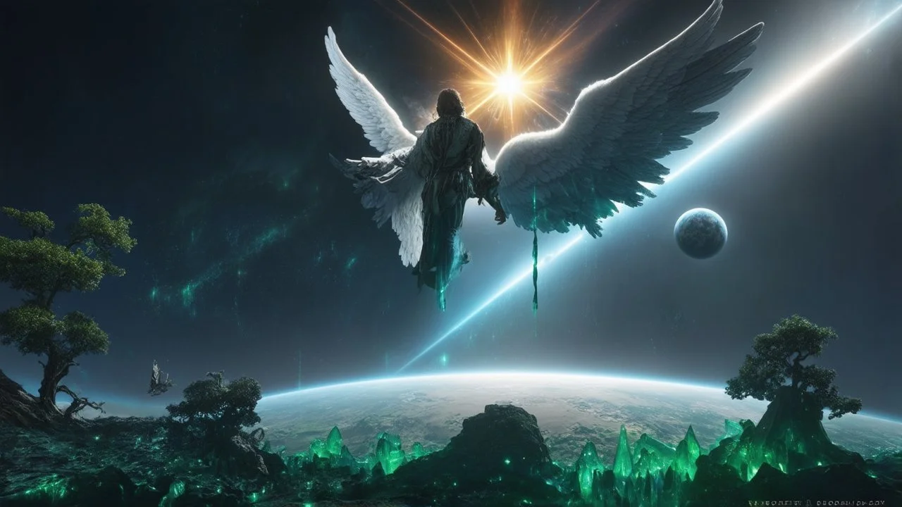 matrix universe, space, planets, god creation, angels from other dimensions with beautiful wings, trees on the planet, behind green crystals of light, command conquer tiberium monolith deposits on the planet near tree,