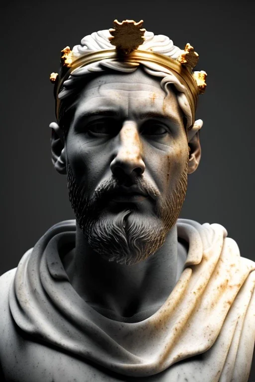 Ultra Realistic image, Roman sculpture, white marble material, Lionel Messi, gold crown of natural thorns, god crown, gold veins, gold ornaments, Renaissance style, sun rays background, waist up portrait, epic, celestial, cinematic lighting, God lights, 4k resolution, smooth details, soft lighting, unreal engine 5, art station, substance 3d.