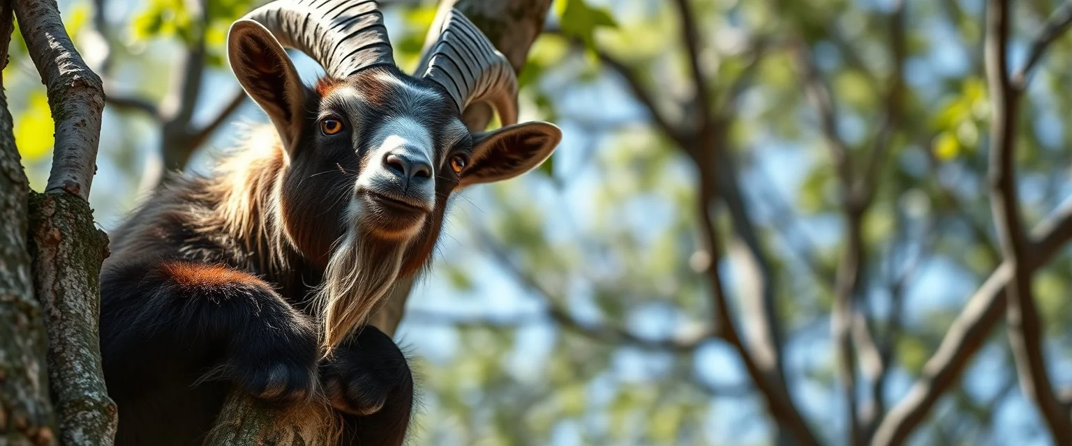 close up on member of sloth vampire goat flock climbing trees