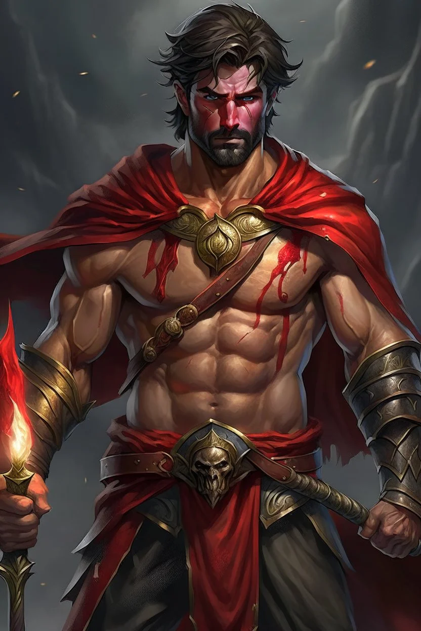 Jack, the daring gladiator with a torch, is a young and muscular man with a well-defined physique.ack is often seen wearing a gladiator's attire, complete with a leather loincloth, bracers, and sandals. His chest is bare, displaying his well-earned scars from many battles. A red cape drapes over his left shoulder, symbolizing his fearless spirit in the arena.Jack's skin is tanned from countless hours of training in the arena., shot on Hasselblad h6d-400c, zeiss prime lens, bokeh like f/0.8, tilt