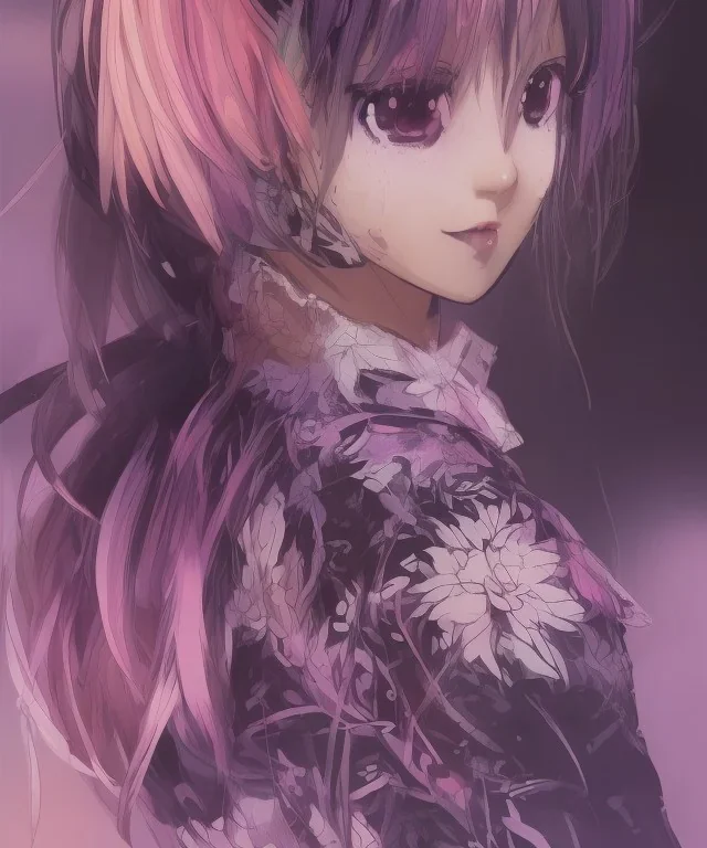 Detailed cute anime Kunoichi girl, purple hair buns, purple bangs, black latex bodysuit, intricate details, full body portrait, keep head in frame, slight smile, black Japanese motif, concept art, highly detailed, digital painting, concept art, sharp focus, illustration, art by Yoji Shinkawa, WLOP and greg rutkowski and alphonse mucha and artgerm and yanjun Chen and Junji ito and Makoto Shinkai, HDR, octane render