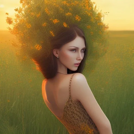 woman standing in flower field, sunset, short brown hair, back view, green dress, windy