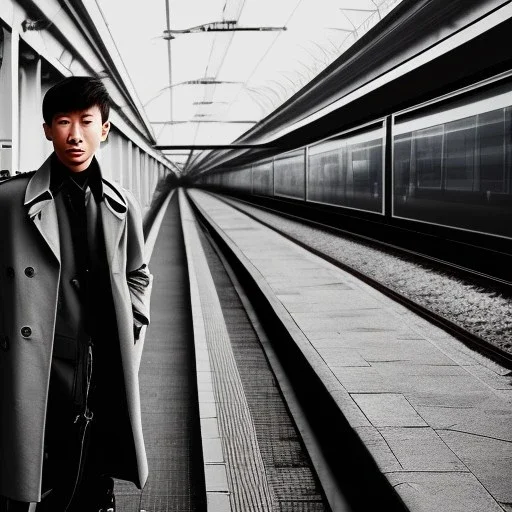 A young Asian man with long hair and a black trench coat waiting for a woman at a train station in Tokyo