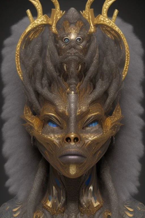 shiny black male African Egyptian alien, cracks in the voodoo head, wicked, eyes, crown, Elephant, 8k, finely detailed, photo realistic, tiger turquoise skull head gold dragon space alien snow skeleton gold fang teeth silver crown silver eyes