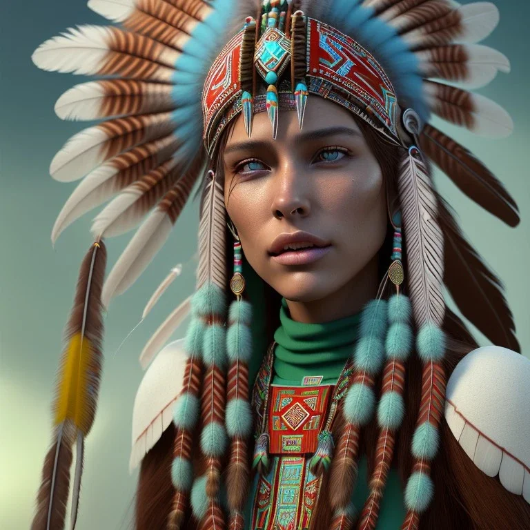 New Mexico pueblo Indian, pueblo Indian, 12k, ultra high definition, finely tuned detail, unreal engine 5, octane render, ultra-realistic face, realistic headdress, detailed make-up, green chile, zia, detailed turquoise jewellery, detailed hair, detailed feathers, red chile background