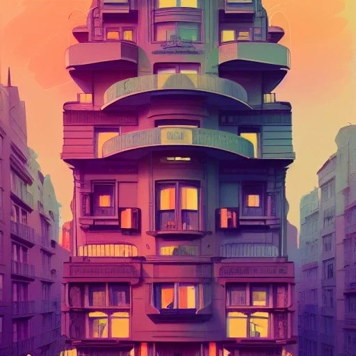 interwarmodernism architecture+artdeco german+San Francisco+detailed facades+Book illustration by Gediminas Pranckevičius, Jean Baptiste Monge, Brian Kesinger, Anton fadeev, strong lines, high contrast vibrant colors, highly detailed, 16k resolution, trending on behance""