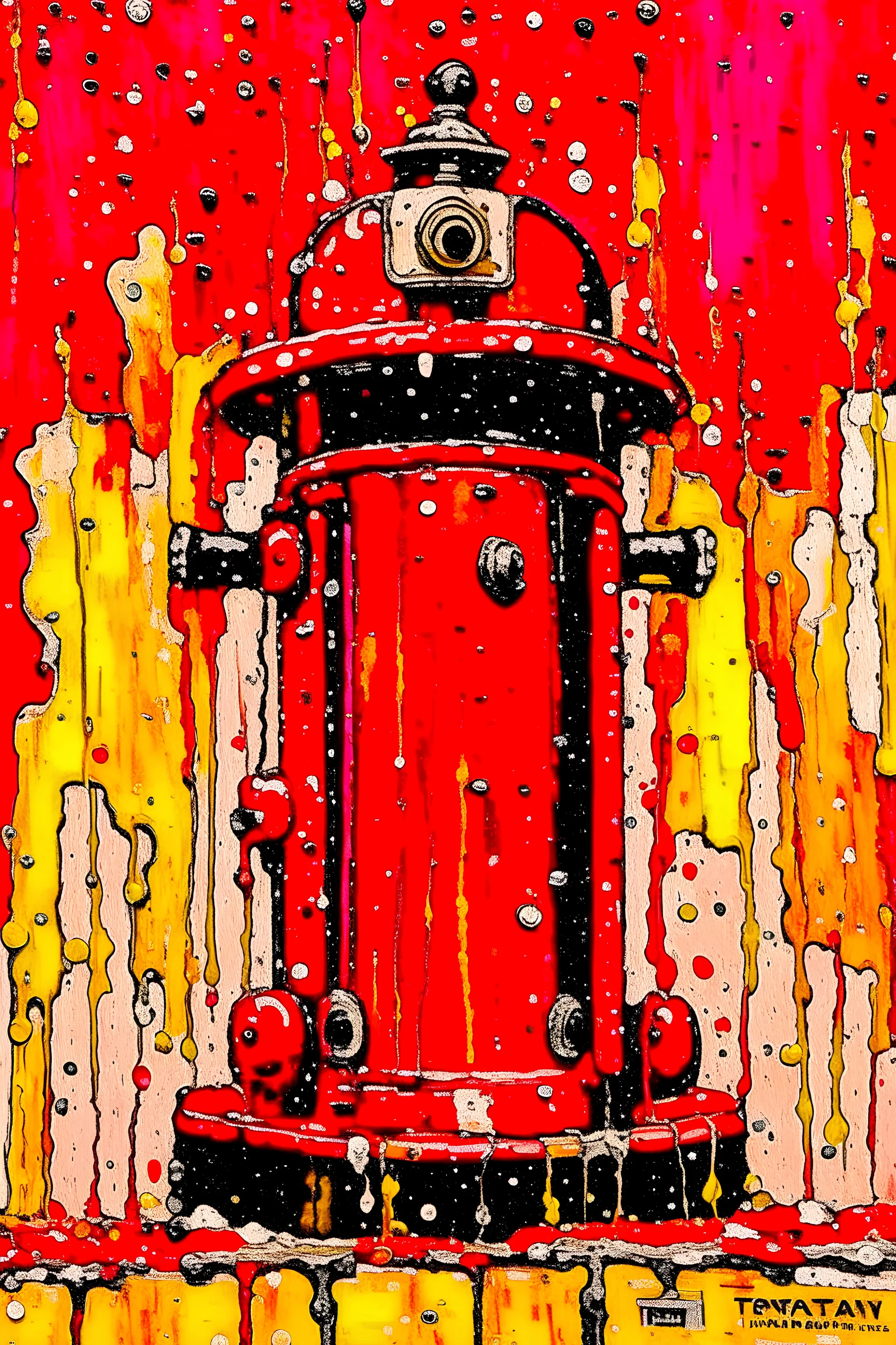 red firetruck, fire hydrant spraying water, abstract expressionist