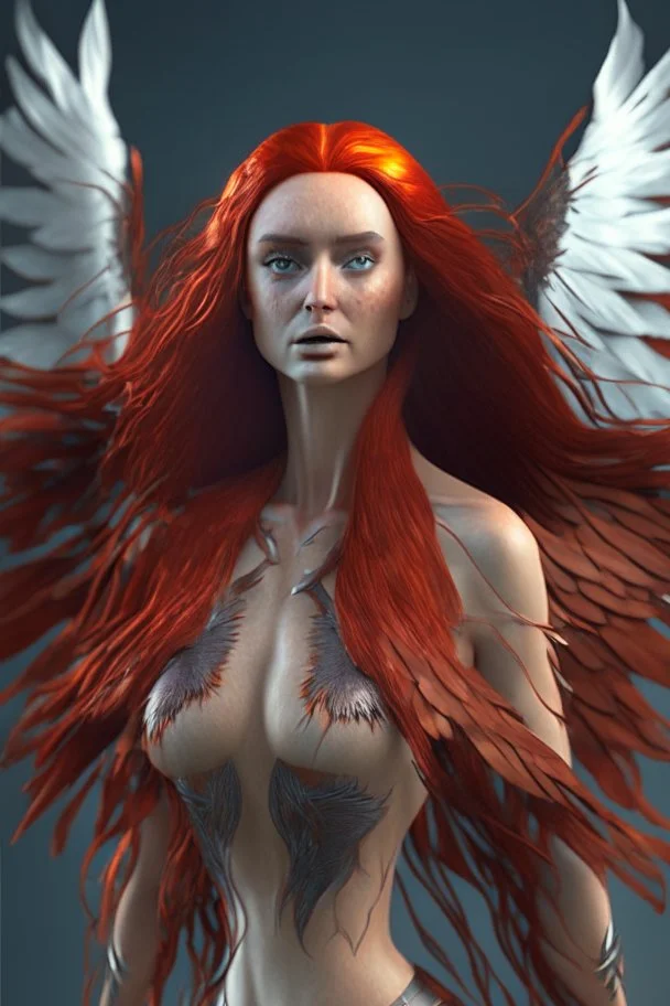 Full body realistic photo of stunning beauty woman royal phoenix woman with long red hair fluttering in the wind and scaly wings, minimal clothing, extremely muscular, dynamic pose, perfect detailed face, detailed symmetric hazel eyes with circular iris, realistic, stunning realistic photograph, 3d render, octane render, intricately detailed, cinematic, trending on artstation, Isometric, Centered hipereallistic cover photo, awesome full color, hand drawn, dark, gritty, mucha, klimt, erte 12k,