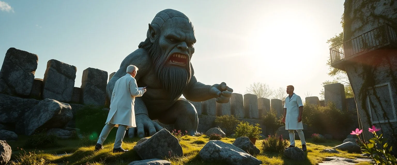 white scientists studying huge stone garden troll in pain in the sun