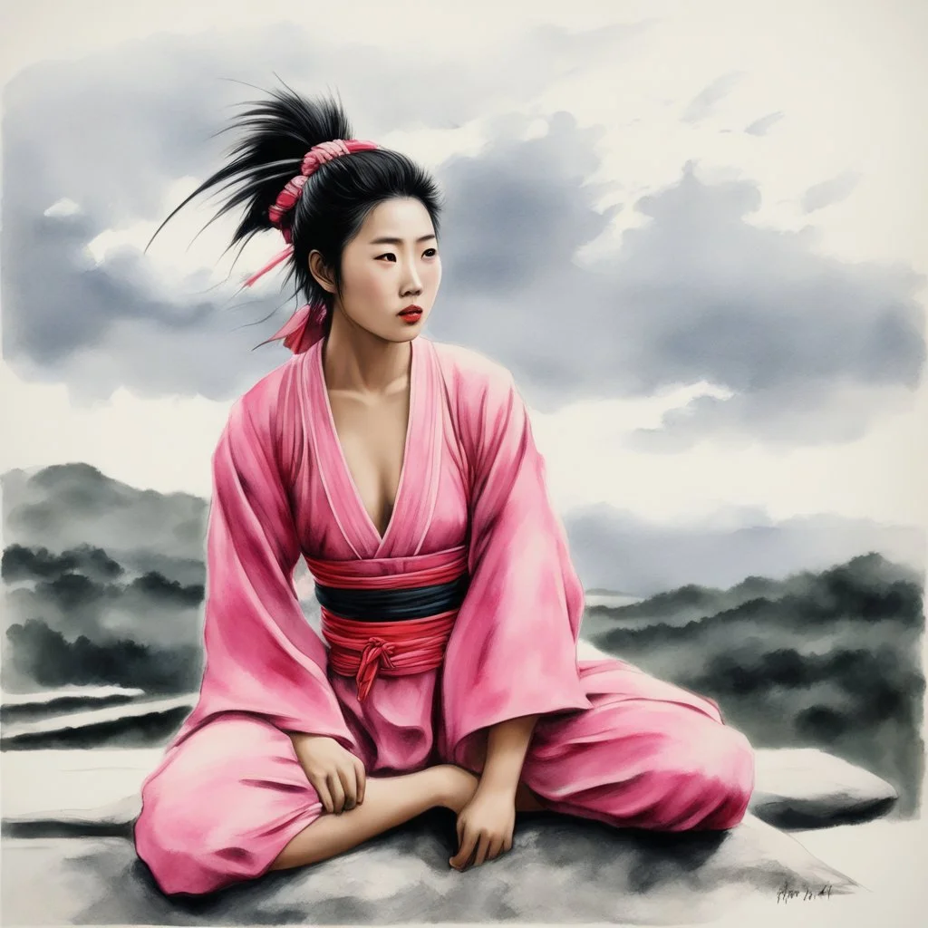 [traditional Chinese brush, expressive line, ink washes] A surprised Nomadic samurai woman, 24-years-old wearing a pink one-piece swimsuit , poised on hands and knees, the overcast sky in the background, vintage 1980's photo