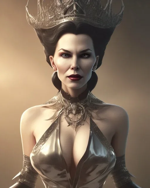 old evil queen in black leather gown, femme fatale, volouptous, busty, cleavage, angry, emperious, 8k resolution concept art portrait by Greg Rutkowski,