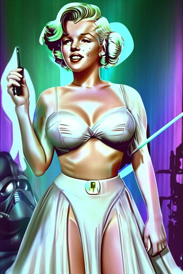 [vaporwave, Marilyn Monroe] Marilyn Monroe, in princess Leia's slave costume of the Return of the Jedi, close to Jabba the Hutt.