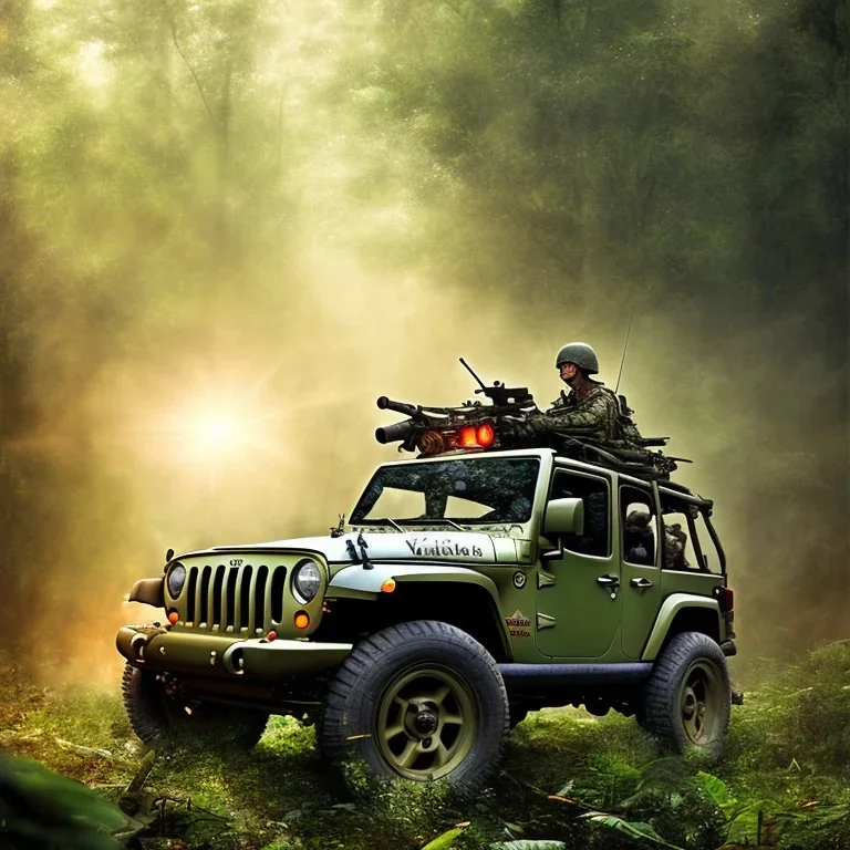 vietnam war. war report. jeep in jungle. poster. bokeh. lens flare. warm lights. high detailed