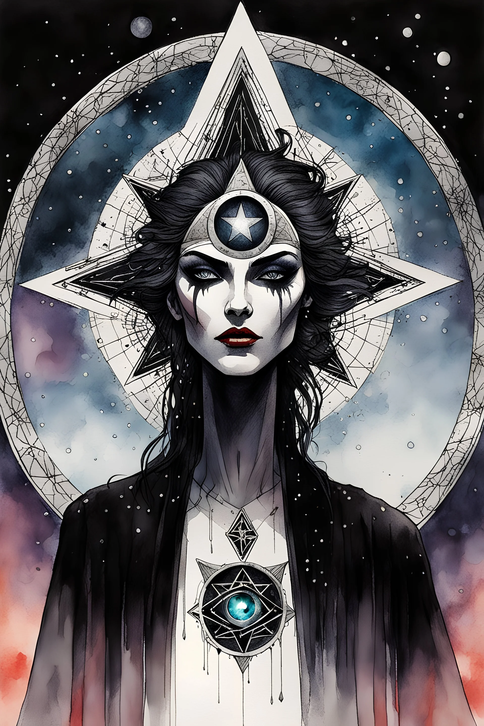 ink wash and watercolor illustration of the symbol of an ancient Catalan female vampire coven , in the form of highly detailed 12 sided star with the all seeing eye at its center lapel pin, in the graphic novel style of Bill Sienkiewicz, Jean Giraud Moebius, and Enki Bilal