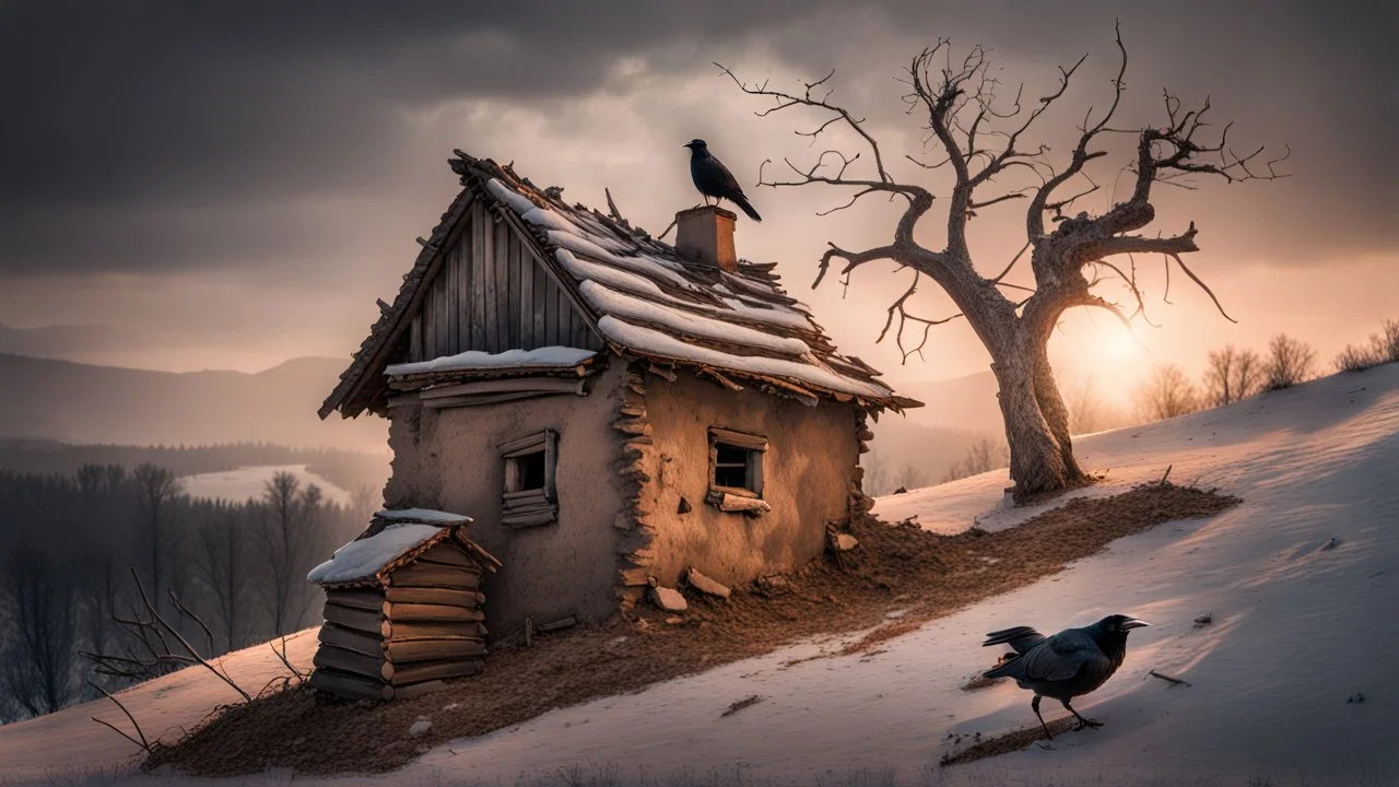 a lonely old adobe hut with worn adobe brown-gray wall and a small window, a crumbling roof, an old chimney stands on a hill, next to it is a small woodshed by the wall, and an old withered tree leans over the hut on thr old tree sitting a black crow, the hut stands on the edge of a European forest, winter, snowy landscape, low light, dawn, snow, high detailed, sharp focus, high realistic, perfect photo