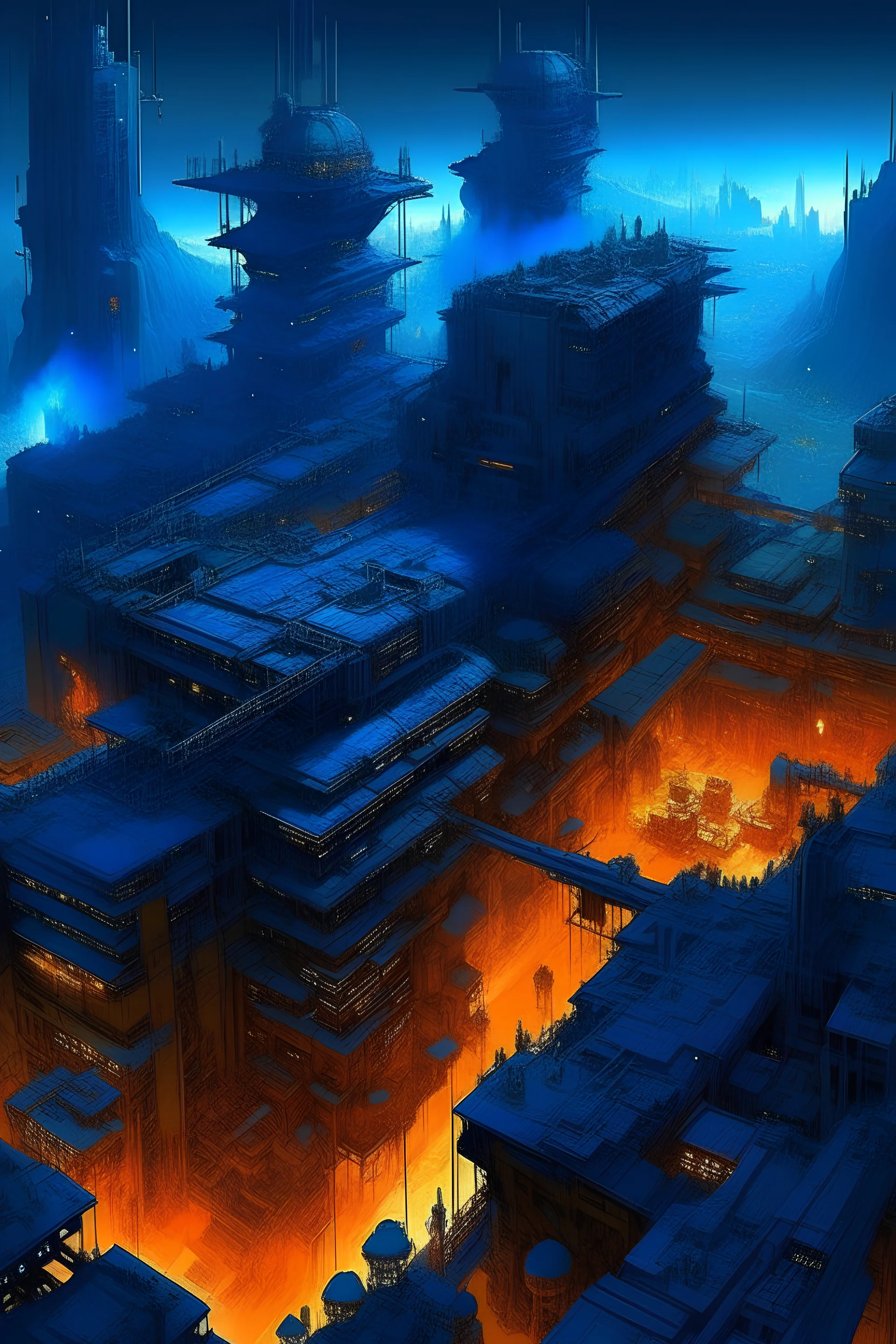 soviet brutalistic modern cyber punk architecture build on a blue sun, bird view on a city party,a lot of fire and dark buildings, blue magma underground, glowing hot ground, star wars inspired magma builds, flying street systems, full screen full of heat, fire winds, storms full of dust, blue ground