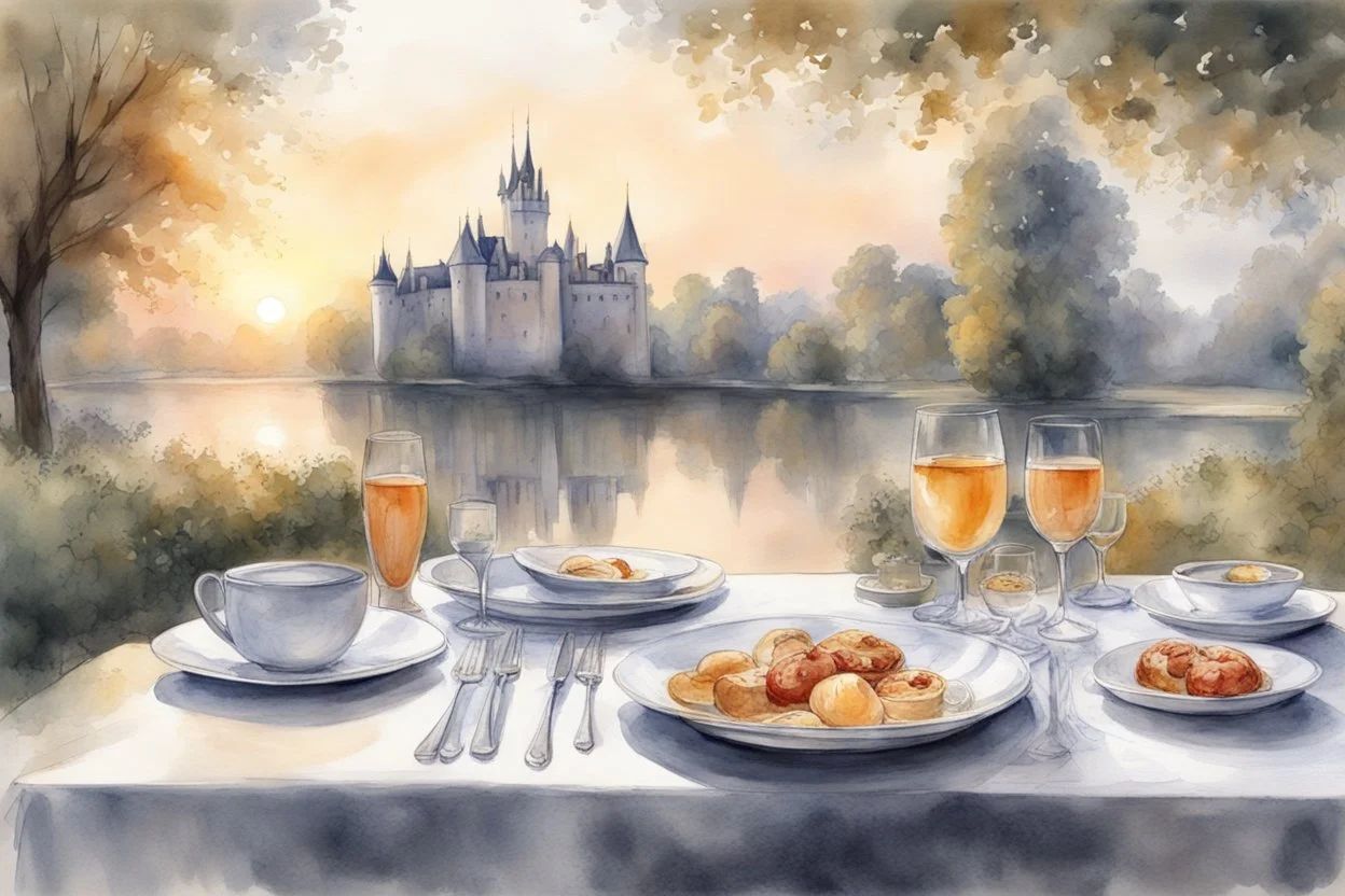 Brunch breakfast on an elegant table in the garden in the background, Castle on the Loire, lake, reflection, sunrise, Misty morning smooth intricate high definition beautiful lighting pencil sketch watercolor polished warm light