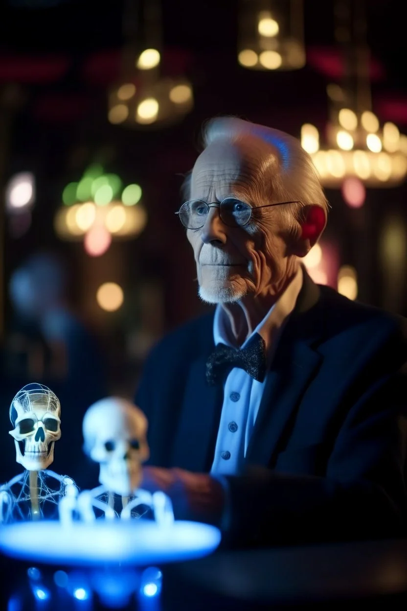 portrait of flashy transparent old man scientist in casino parlor showing of his glowing skeleton, zeiss prime lens, bokeh like f/0.8, tilt-shift lens 8k, high detail, smooth render, down-light, unreal engine, prize winning