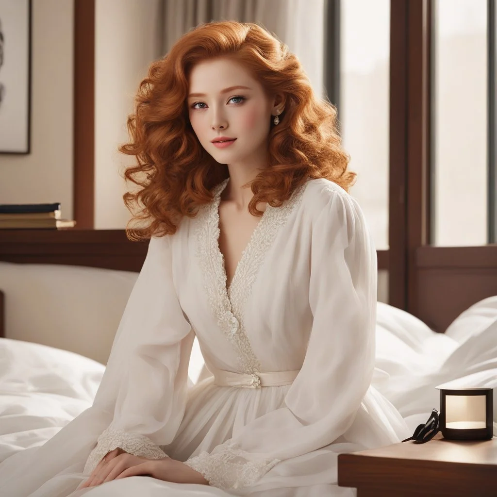 [sitting on the edge of her bed, in the university dorm] In the poster, a striking young woman in her early twenties catches the eye with her elegant features. She possesses a well-proportioned figure, accentuated by a charming attire. Her ginger locks fall in soft, voluminous curls, framing her face with a touch of grace. Clad in a sleek red satin dress with delicate spaghetti straps, she exudes a sense of allure and sophistication.