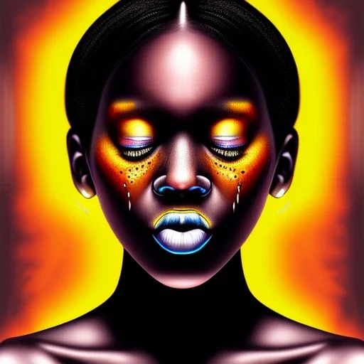 Portrait of a young black woman crying. Tears the colour of oil. Depression seeping out of her eyes nose and mouth like a oil spill