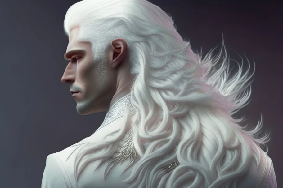 A Fantasy Human, a white masculine human with medium white hair. Magical scars. Full body, side view. HD