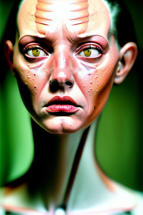 Anatomy interiors worm girl face, pulp, photorealistic, shoot by Helmut Newton, very low contrasts, very soft colors