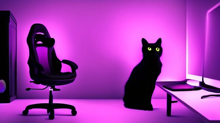 Cute black cat sitting on a gaming chair, in front of a gaming PC table, in a dark room with purple lights and gaming posters, atmospheric, gorgeous, realistic