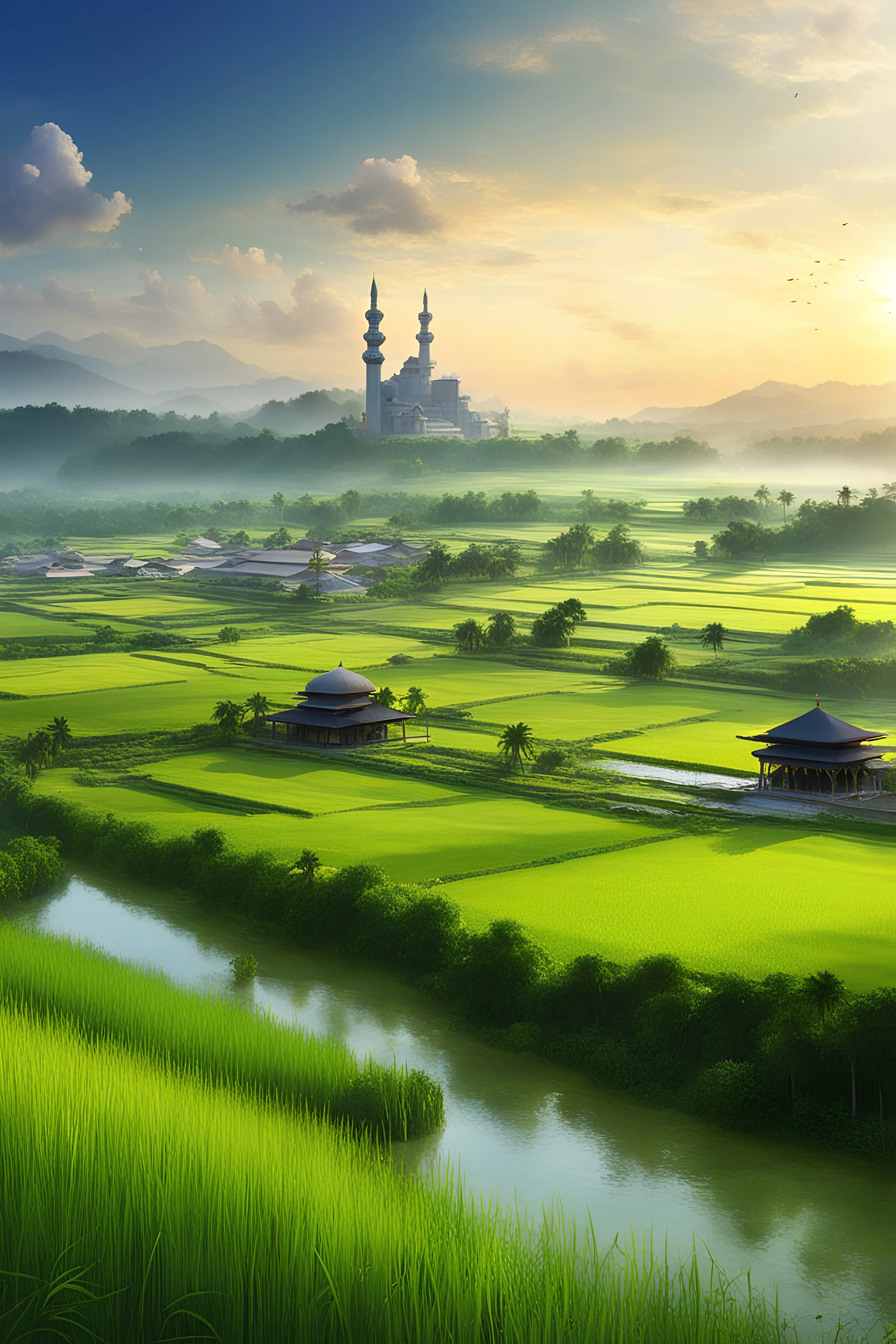 Beautiful Digital Painting art Landscape village islamic Mosque,surrounded rice paddy fields, photoshoot fromfar