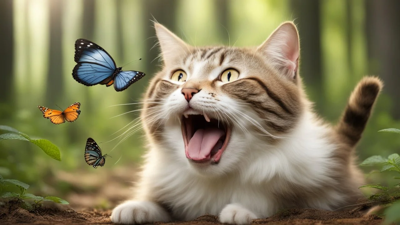 laughing cat in the forest playing with butterfly