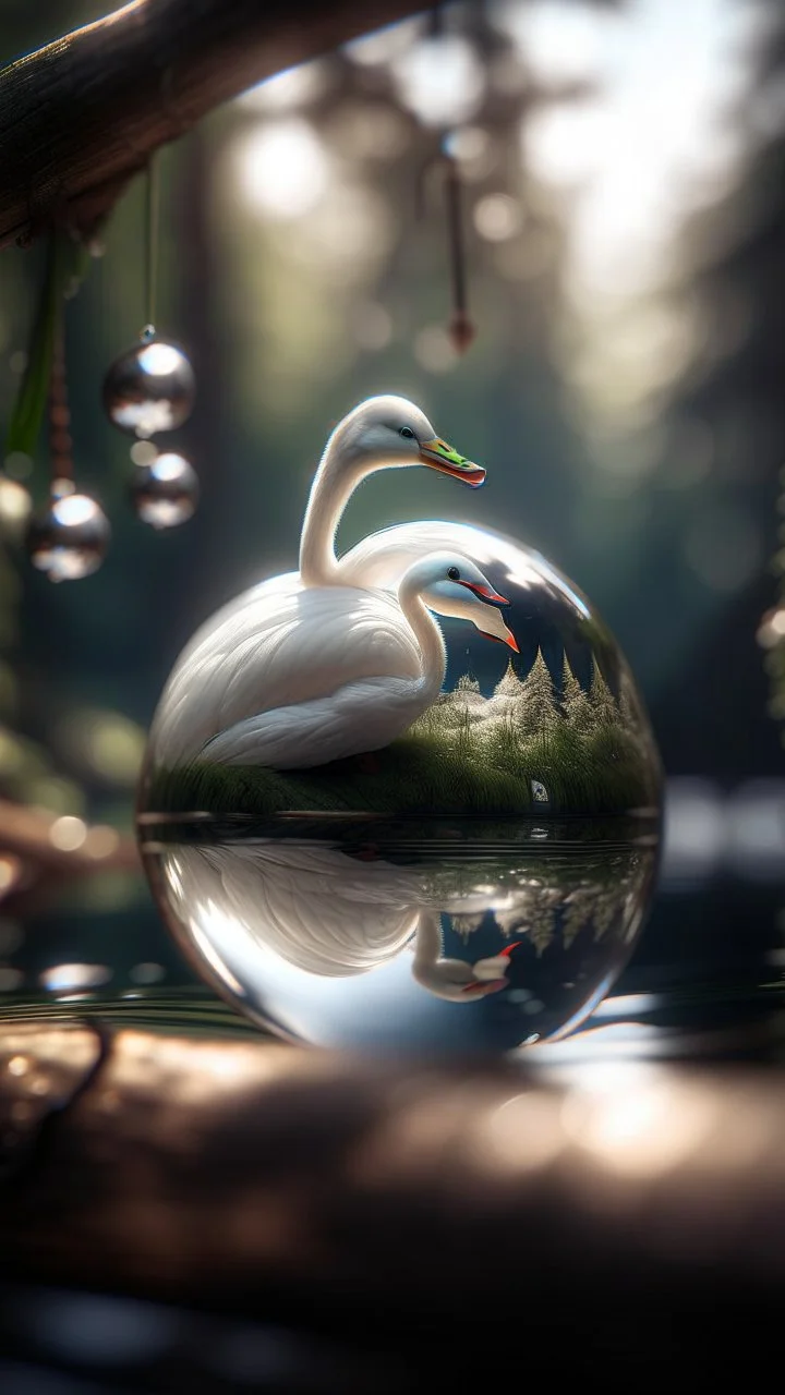 portrait of swan inside a boat crystal ball hanging from a tree in the mountain , shot on Hasselblad h6d-400c, zeiss prime lens, bokeh like f/0.8, tilt-shift lens 8k, high detail, smooth render, down-light, unreal engine, prize winning