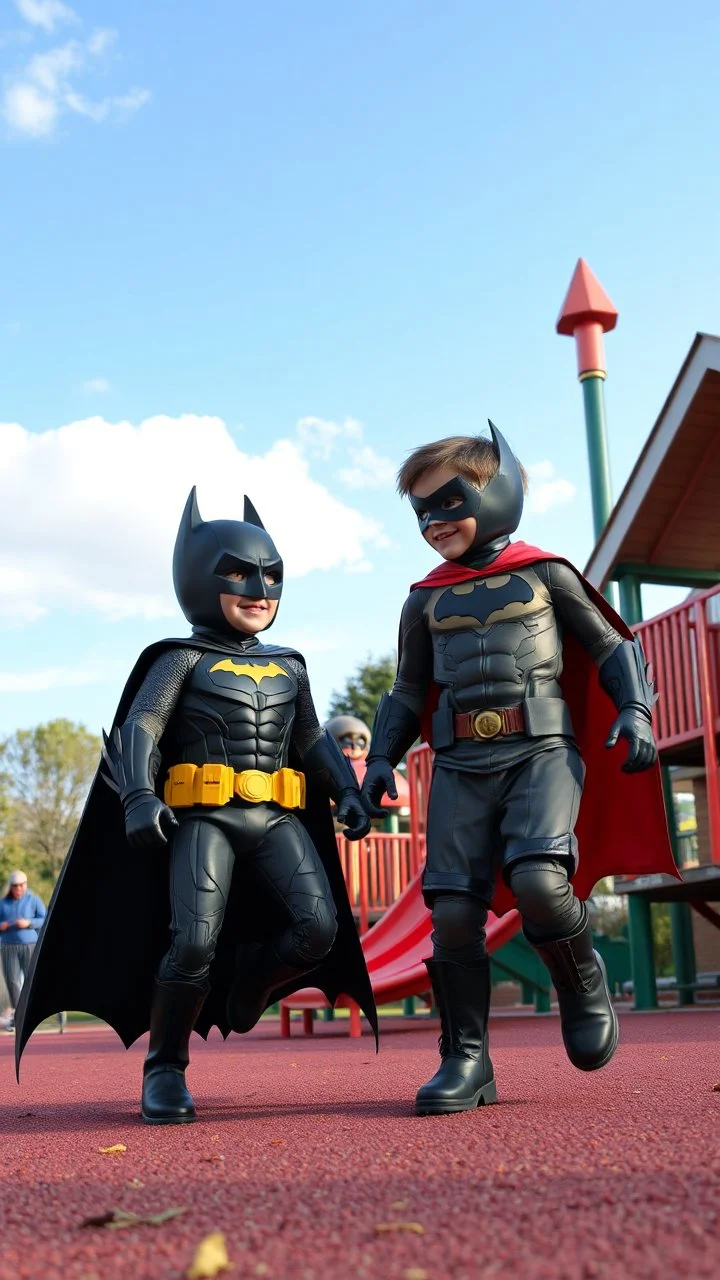 Batman and robin as a children playing in playground