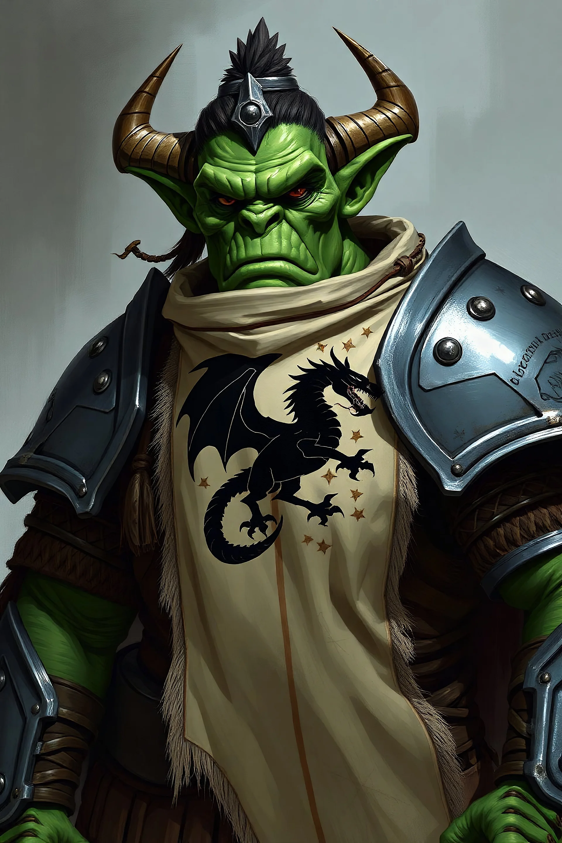 Dungeons and Dragons Orc soldier wearing armor with a tabard with a black dragon on it