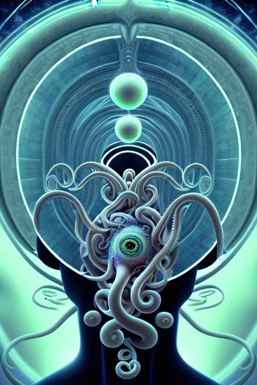 Spiritual being with Tentacles over human Head creating reality around, wrapping Spiral around Human, Psychedelic