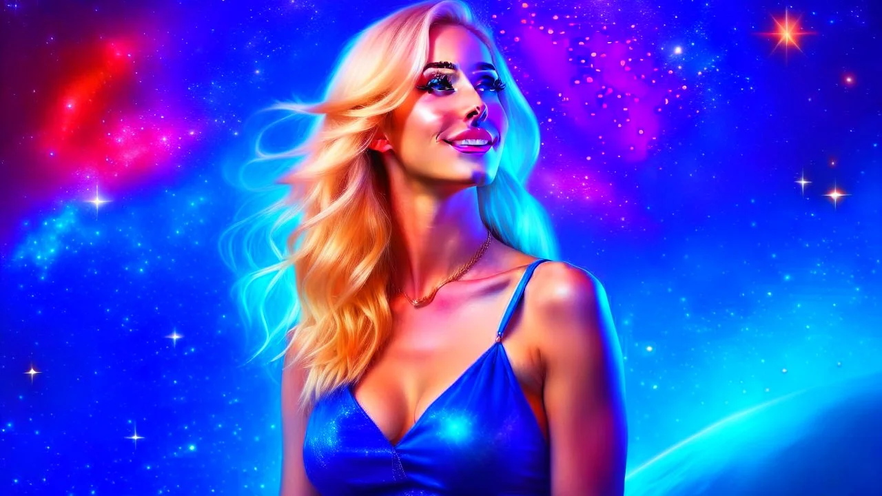 Full body portrait of a peaceful ((smiling)) gorgeous blonde Goddess of the galaxies with a blue indigo purple skin, high skul, luminous eyes in a galactic sunset