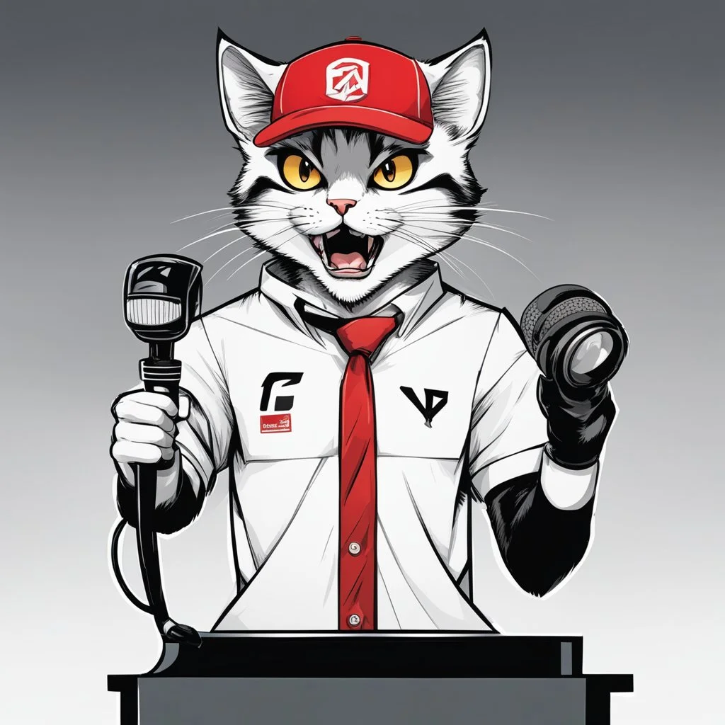 a drawing of a manga cat man with a sports cap and shirt, speaking at a (((lectern))) with a microphone, red, white and black colors, cat white and black colors, microphone in one hand, cat asking