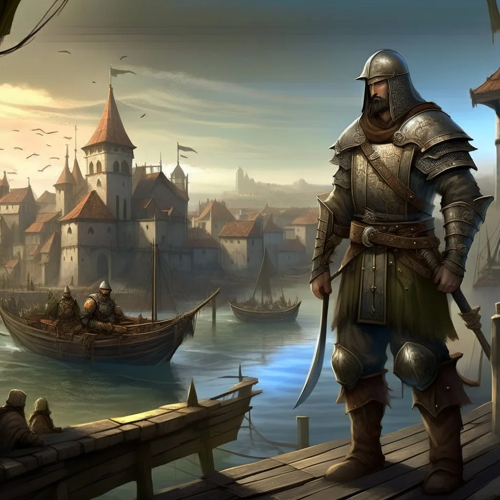 conquistador inspired fantasy city guard with harbour in the background