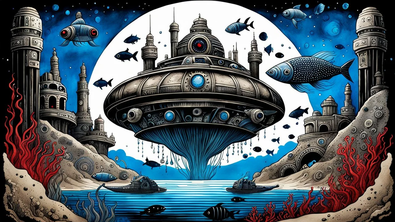 illustration form an ancient spaceship's ruins deep under the sea in sand, dark deep colors, nearby swimming weird metallic fishes and black fishes with red eyes, little light pale colors jellyfishes and an giant dark blue and gray steampunk cet in the background , Ink wash style, pale lighting, high detailed, movie poster, ink wash art with very fine drawing, and blue ink, unique mood, masterpiece