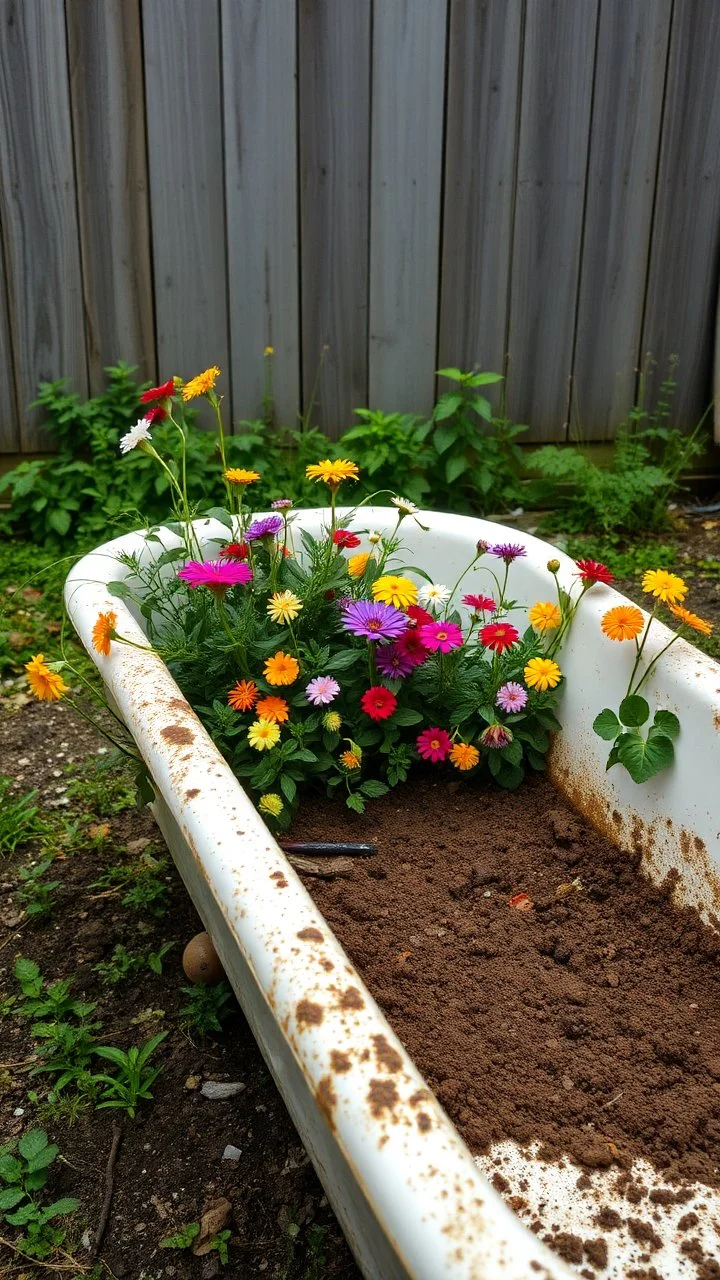 A Bathtub filled with dirt to the rim and in to grew a colorful flowers , some of them are tingling down on the sides in an abandoned backyard