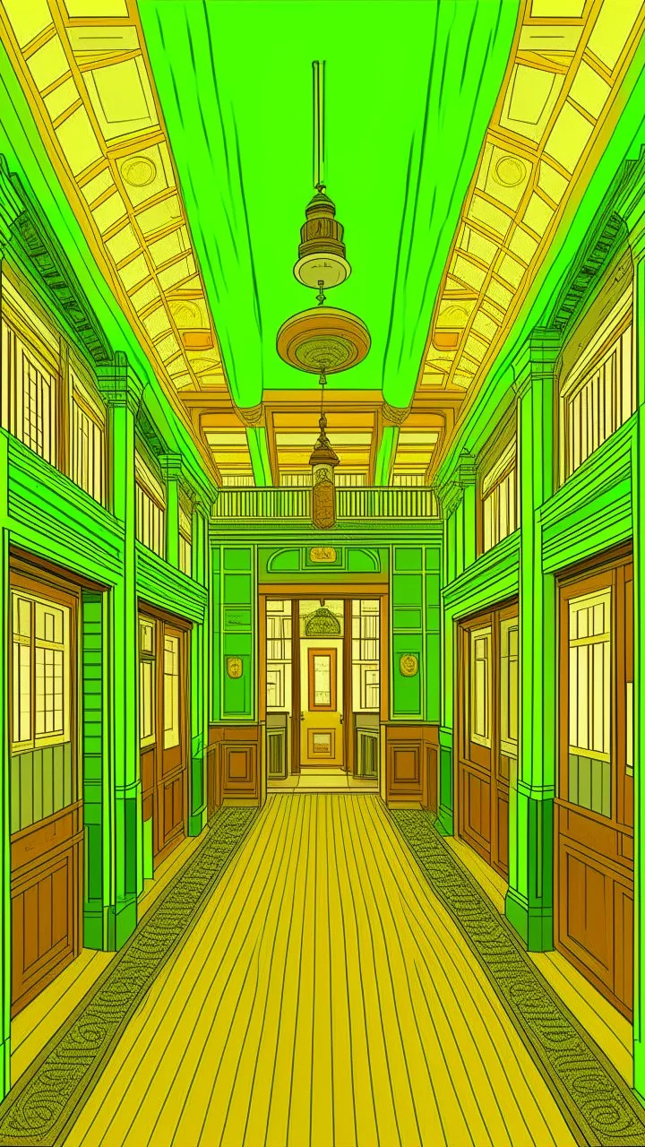 sports club in the style of winsor mccay, green and ocher palette, dreamlike details, ducts, doors, passageways, tracks and pipes