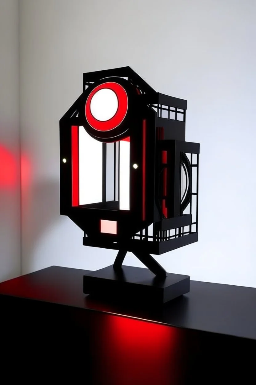 gaming lamp, form inspired by stark tower, architecture form, modern design style and black and red color