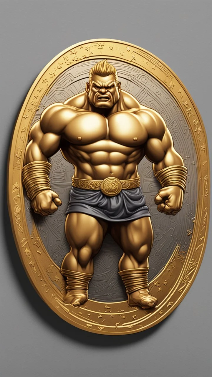 a smooth 3d game graphics circular shaped golden coin with a full body relief print of Abobo