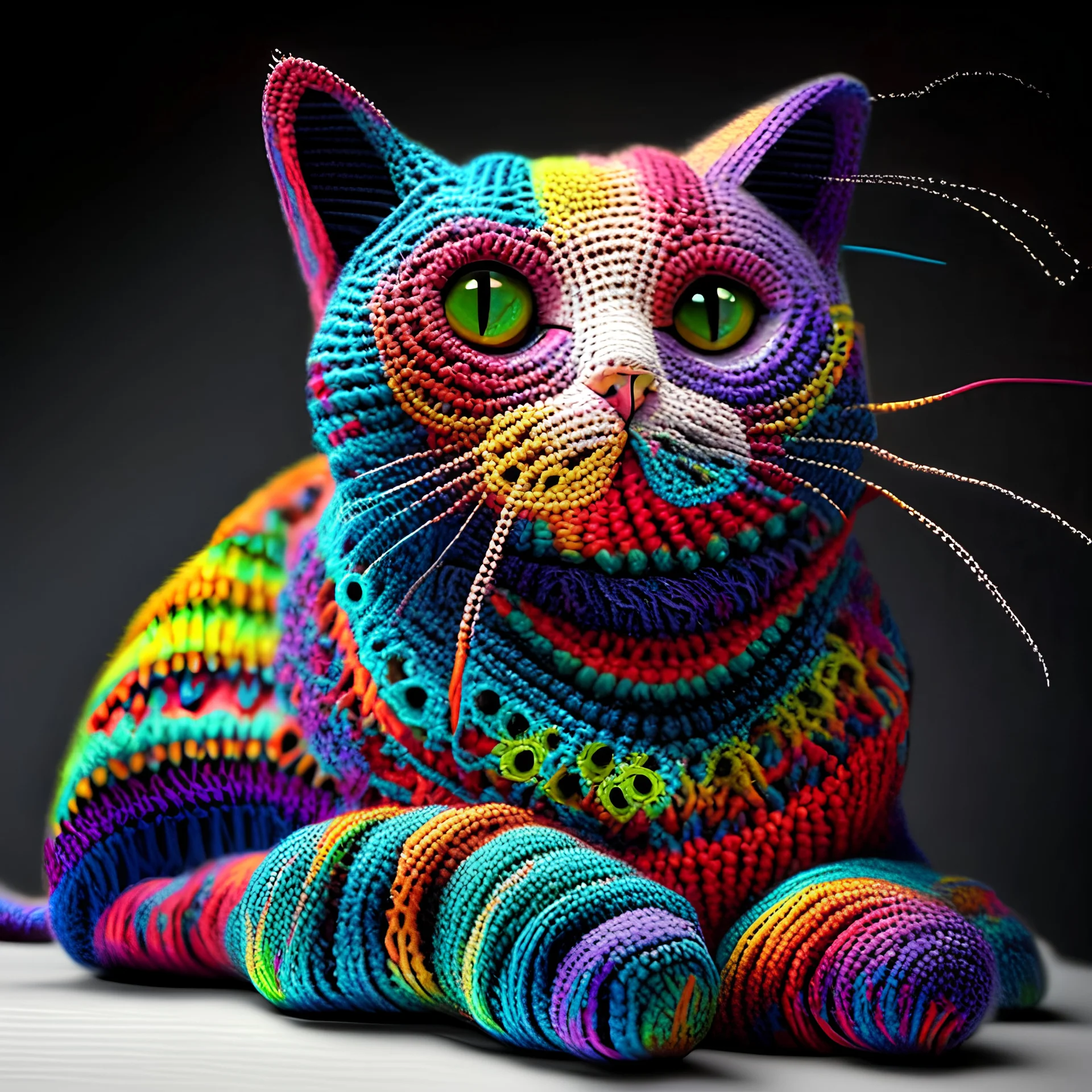 colourful crochet cat, realistic