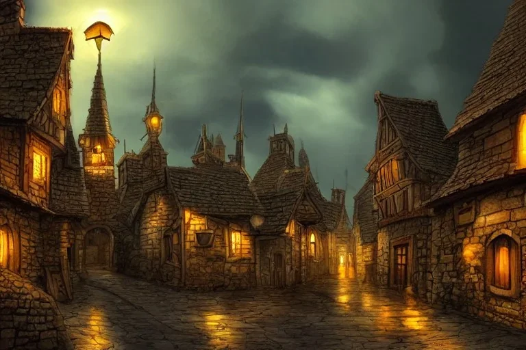 Small medieval fantasy town, stormy, street lights