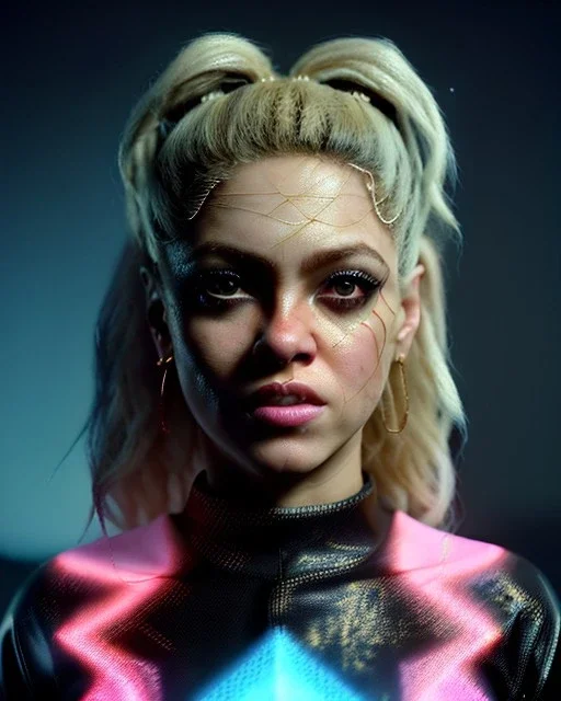 portrait, Shakira, blonde artist, angry, Realistic image, MMA robe, hoodie, mma gloves, fight pose, make-up make-up, gold line make-up, sweat, fog, goddess style, Neon colors, leds. Black background, photo studio, concept art, smooth, unreal engine 5, god lights, ray tracing, RTX, lumen lighting, ultra detail, volumetric lighting, 3d, finely drawn, high definition, 4k.