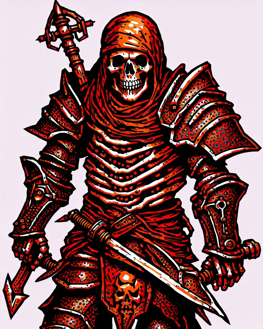 tabletop RPG skeleton warrior with spear and rusted chainmail rpg art no background